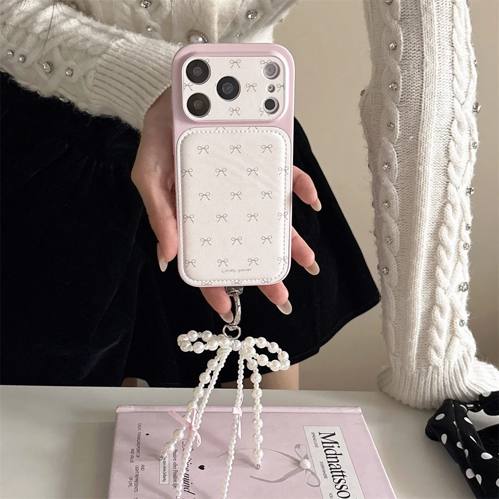 

Ins Cute Bow Flower Pink Phone Case for iPhone 16 17 Pro Max 13 14 15 Pro Funda Korean Shockproof Cover Pearl Charm Leather Case