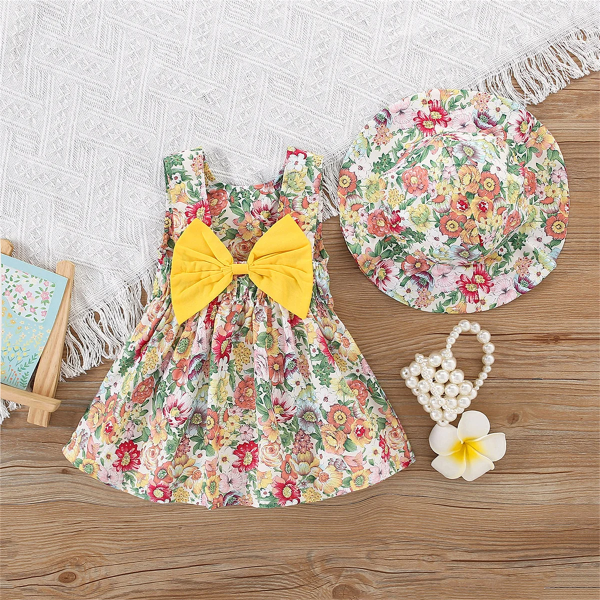 Baby Girls' Dress Summer Two Piece Set Of Bow Blossom Vest Skirt+Sunshade Hat Baby Beach Casual Summer Wear