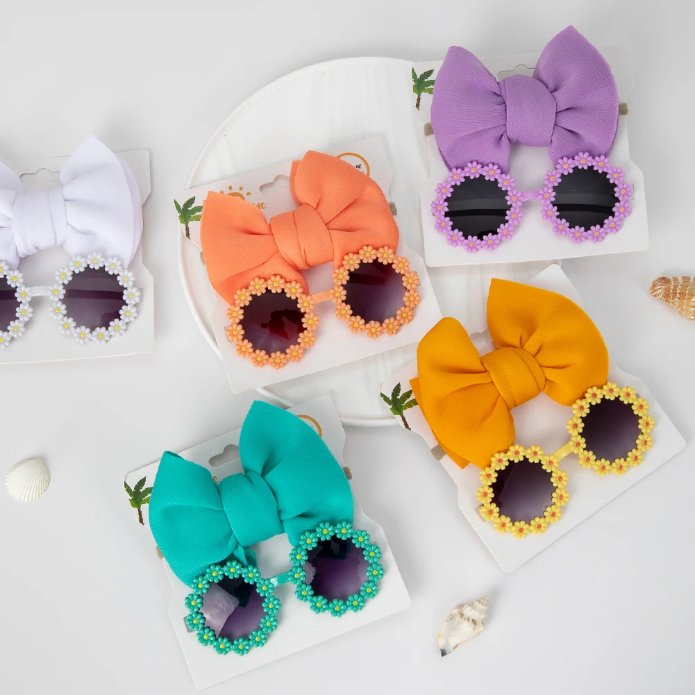 

2Pcs/Set Daisy Sunglassess Big Puff Bow Hair Ties Headwraps for Newborn Baby Boys Girls Colorful Nylon Hairbands Sun Glasses