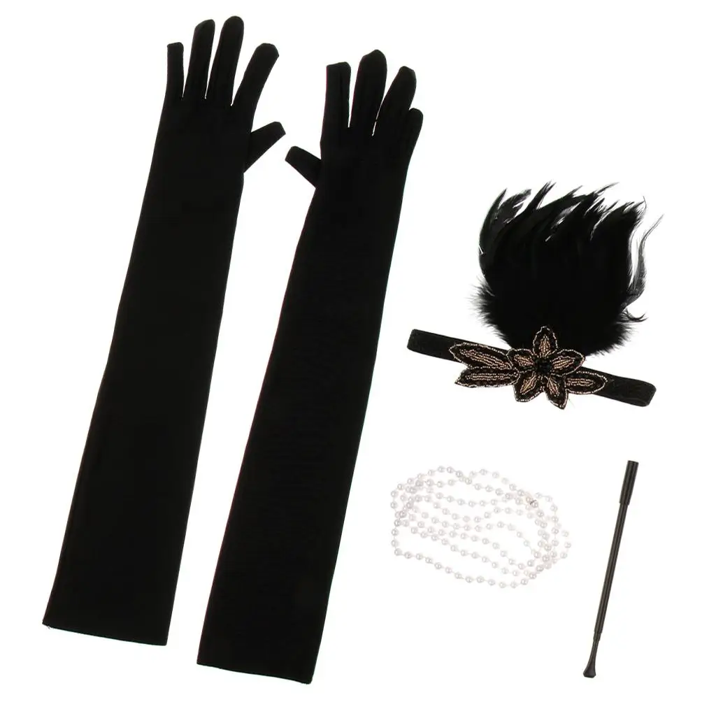 1920's Accessories Set Women Headband Necklace Gloves Holder