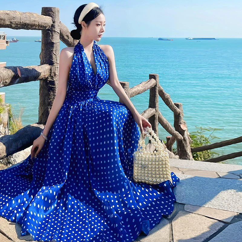 

Ретро-юбка в стиле Гонконга, синяя, в горошек, Neline Dr, женская, элегантная, для пляжного отдыха, стройнящая, длинная юбка-макси