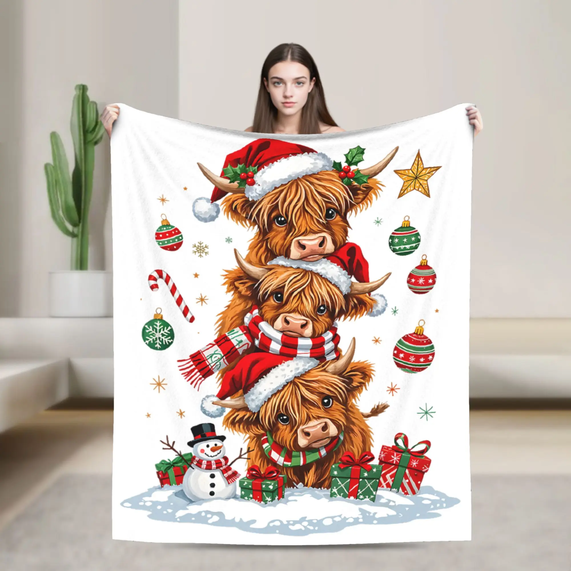 Funny Merry Moo Cow Blanket Cover Highland Cow Christmas Snowman Fleece Throw Blankets Bedding Couch Soft Warm Bedspread
