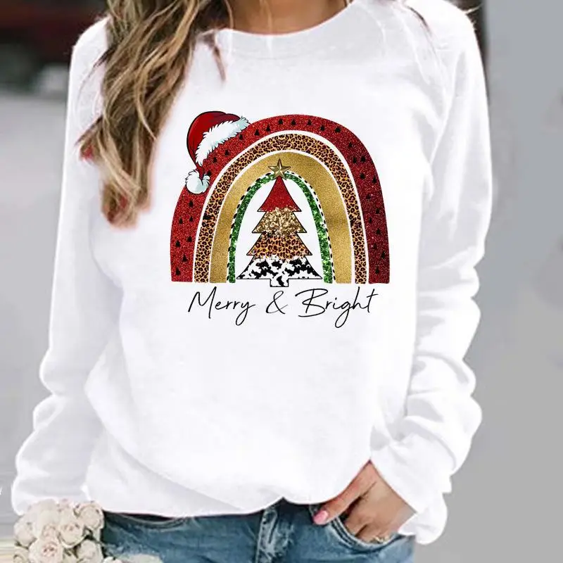 Christmas Holiday Christmas Cartoon Pullover Women's Print Flower Fashion Casual Crew-neck Hoodie Sweatshirt  Streetwear Women