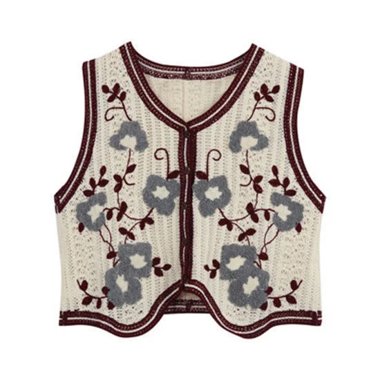 Jacquard Hollow Out Embroidery Knitted Waistcoat Women 2024 New Short Loose Sleeveless Sweater Vest For Spring Autumn