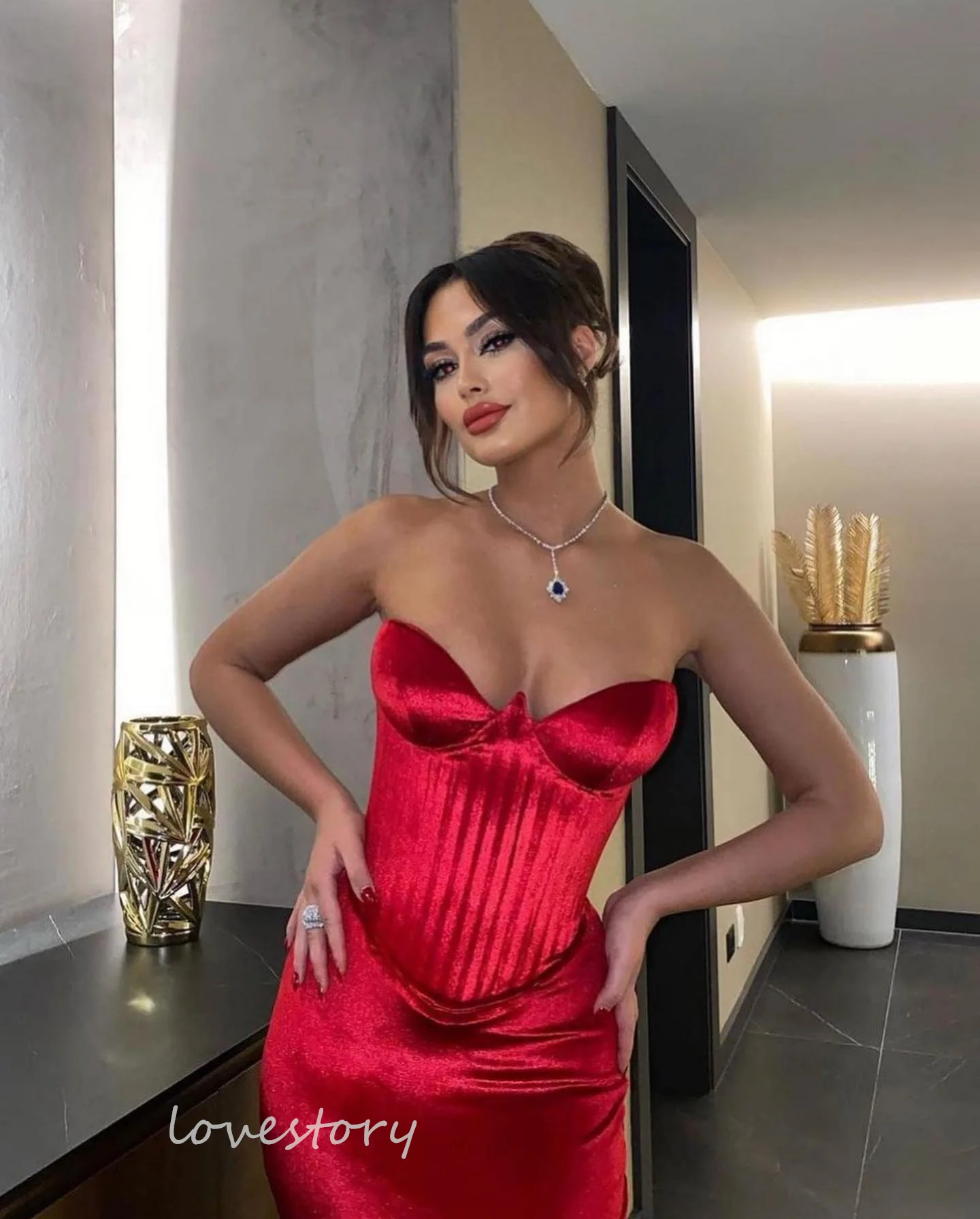 

Lovestory Red Christmas Dress Two Pieces Prom Dress Wedding Evening Party Dress Sexy Strapless Special Occasions Dress 2024