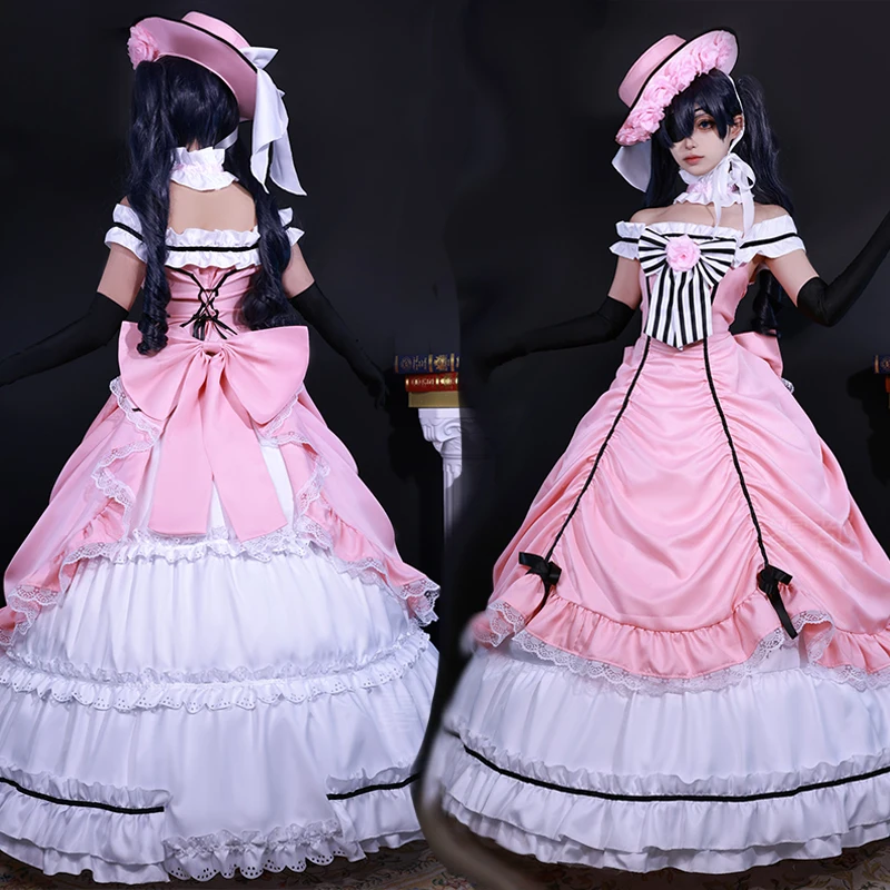 Costume de Majordome Ciel Phantomhive Noir avec Perruque et Chaussures, Tenue de Cosplay, Poitrine Rouge, Anime Japonais, Ensemble d'Halloween pour Femme