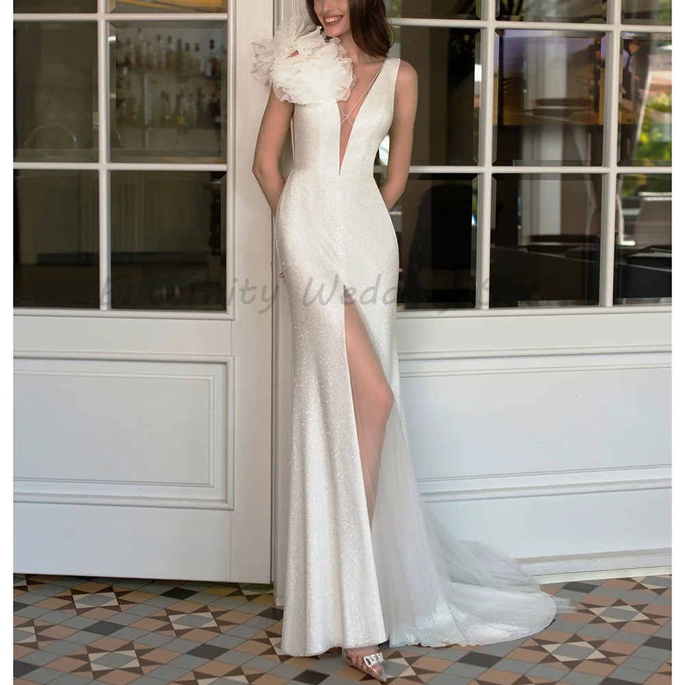 Elegant Deep V Neck Sparkly Mermaid Wedding Dress 3D Floral Shoulder Detail High Slit Bridal Gown With Sheer Tulle Train