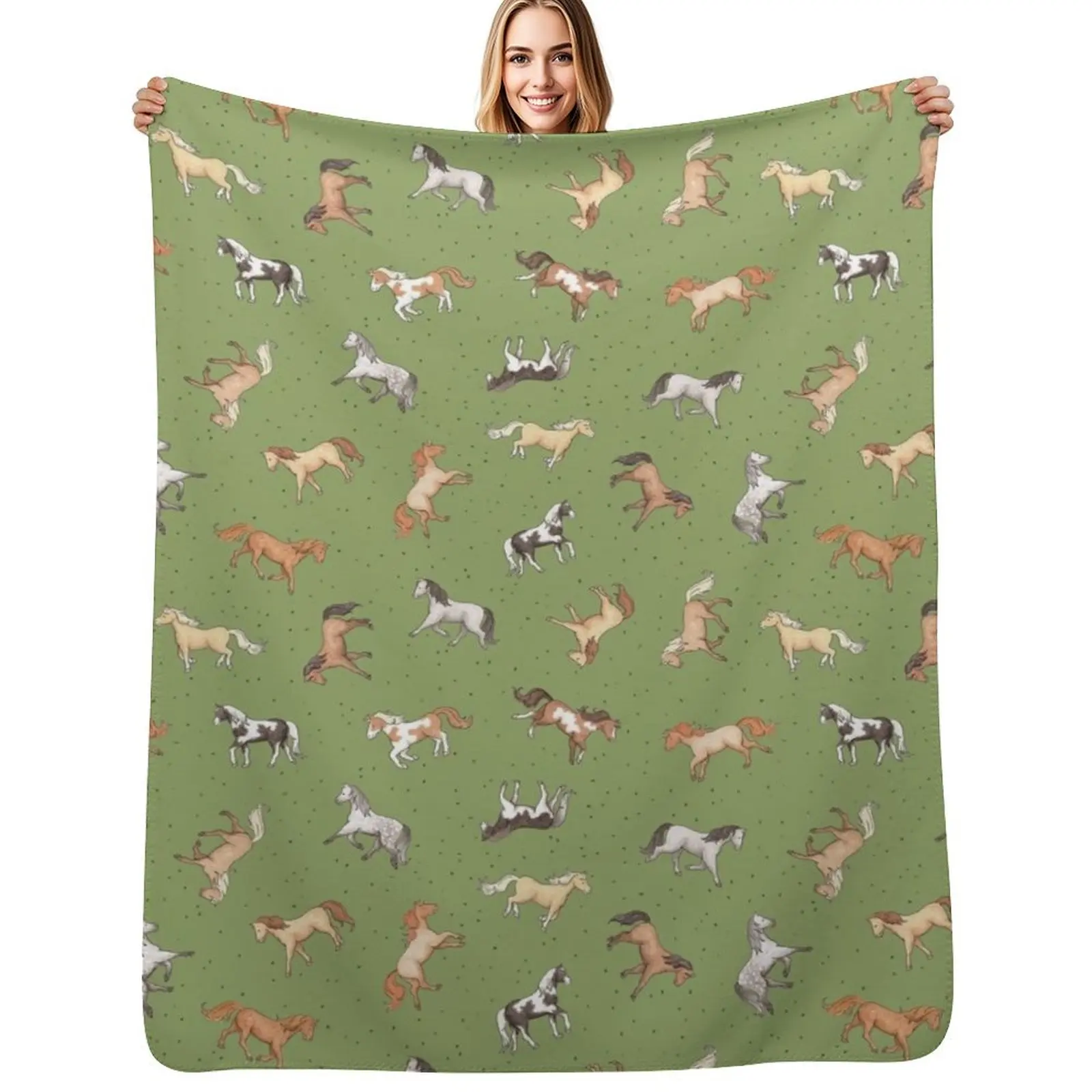Scattered Horses spotty on olive green pattern Throw Blanket Flannel Fleece Soft Warm Throw Blanket
