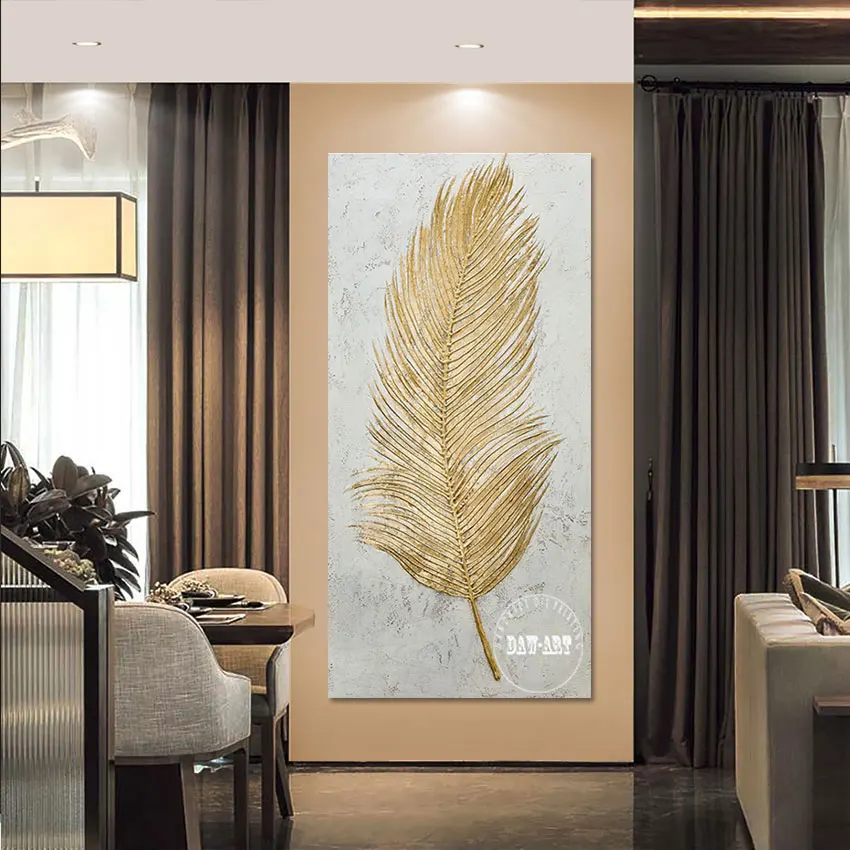 Abstract Golden Feather Knife Oil Painting, China Import Item Decoration, Unframed Canvas Artwork, Wall Picture, Art Design