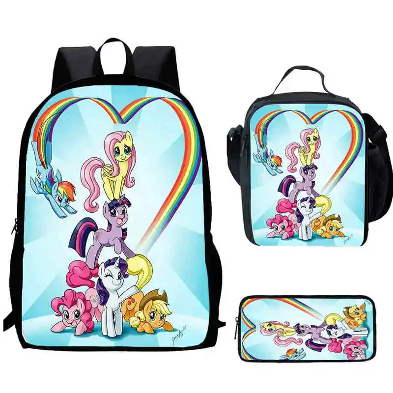 Cartoon My Little Pony Child School Backpack With Lunch Bags Pencil Bags For Kindergarten,Best Gift For Boys and Girls