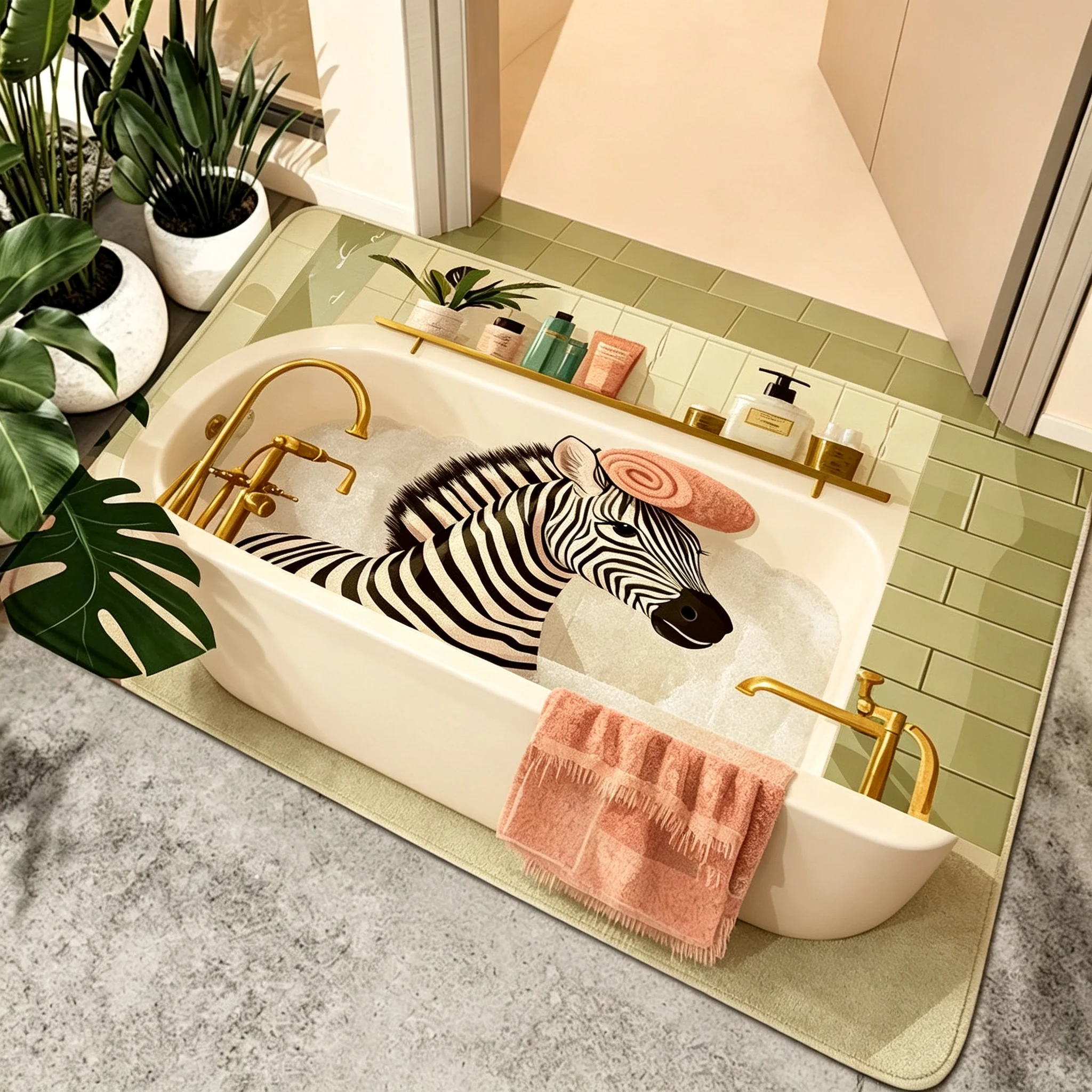 Funny Zebra Bath Scene Welcome Doormat for Front Door Floor Mat Home Decor Whimsical Animal in Bathtub Art Print Stylish Indoor