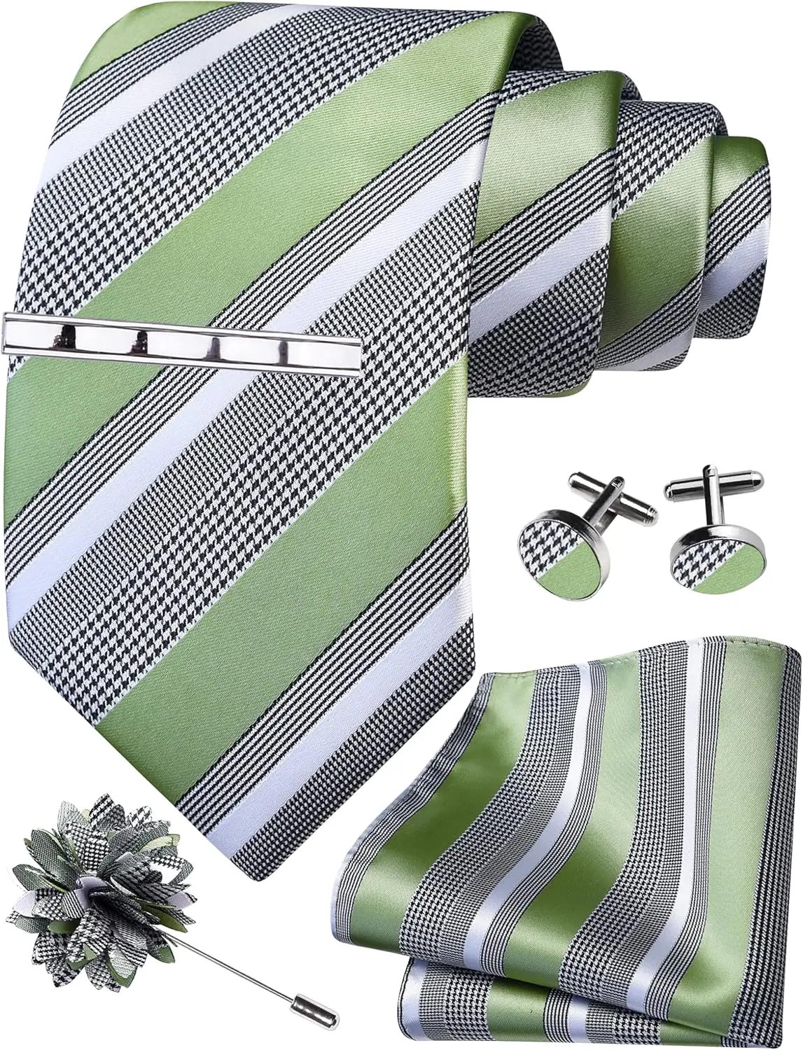 

Striped Tie Set for Men: Necktie, Pocket Square, Tie Clip, Cufflinks, Lapel Pin, Gift Box 5PCS