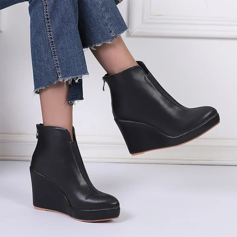 New Autumn Early Winter Shoes Women Ankle Boots Platform Fashion Ladies Wedge Heels 10cm Pure Black White Big Size 42 DX150