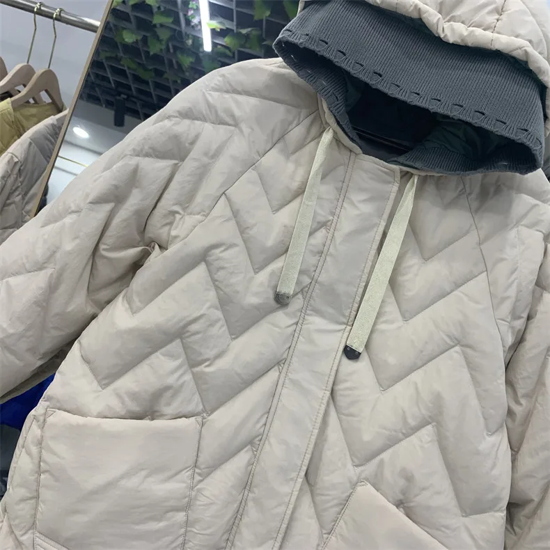 Autumn Winter Warm Knitted Patchwork Hooded Coat Women Thicken White Duck Down Jacket Parka Female Bigsize Long Puffer Outwears