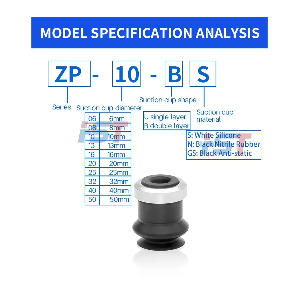 HST ZP Series 2-Layer Bellows Vacuum Suction Cup 6-50mm High Temp Silicone Suction Pad for Robot Arm