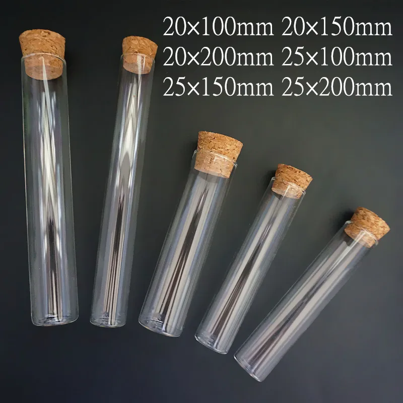 12Pcs/Lot DIA 20mm 25mm Clear Lab Glass Test Tube with Cork Stoppers Flat Bottom Tubes in Laboratory Supplies