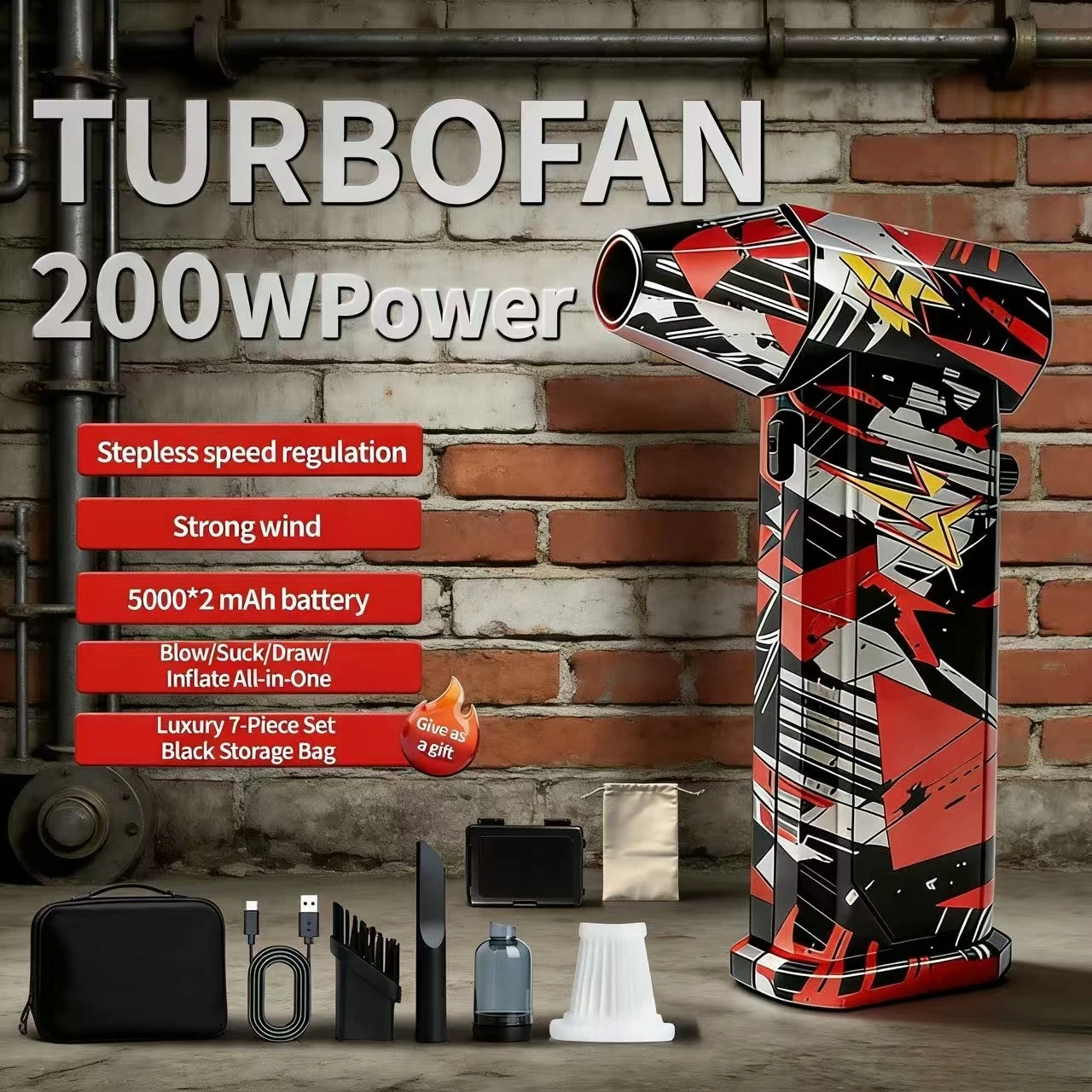 

X9 BrushlessVacuumSilver-Black-RedFan,300000 RPM,75m/s Wind Speed,3-in-1Turbo Jet Blower,Car Wash Gun&SnowRemoval Dust Collector