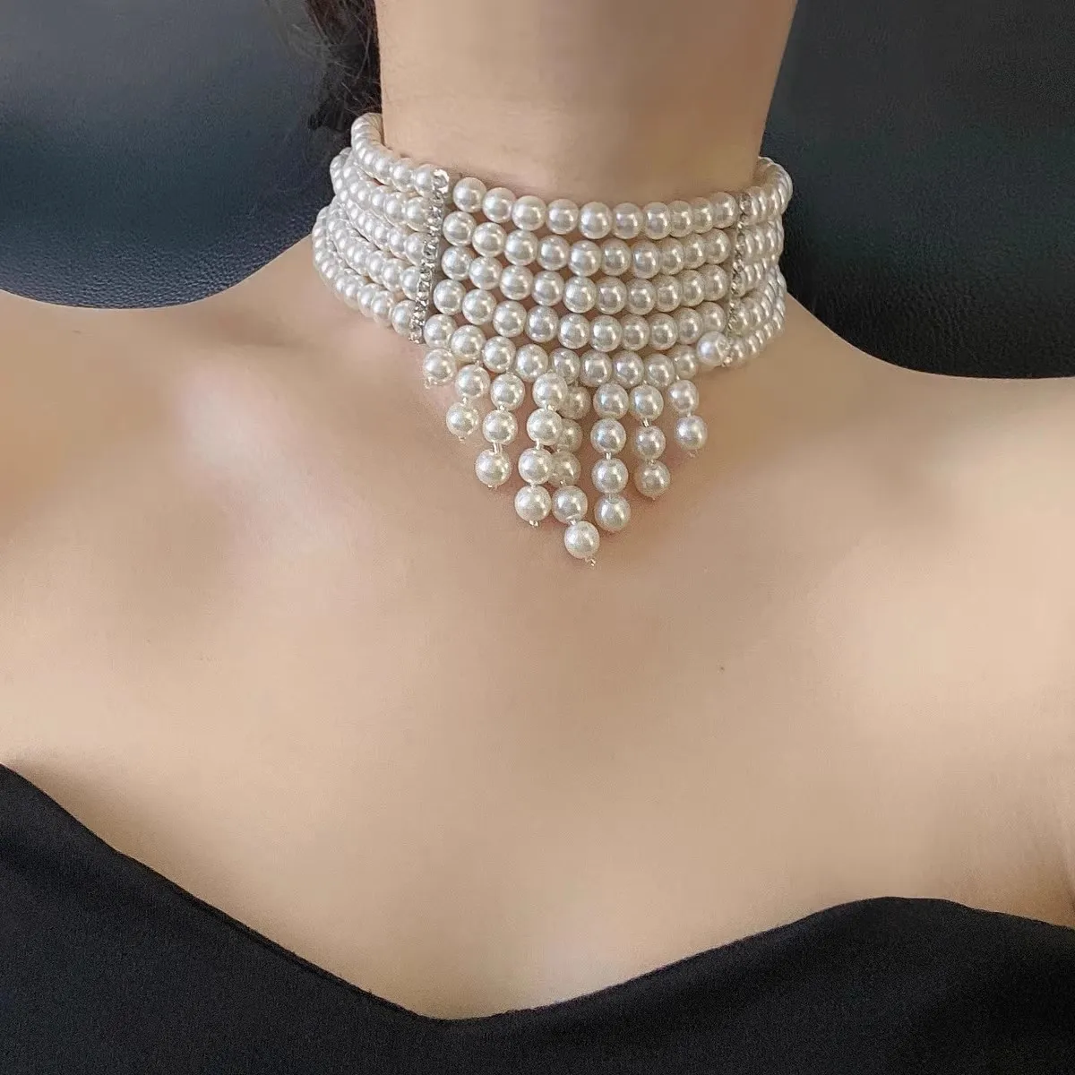 French Vintage Multi Layer Faux Pearl Choker Tassel Design Elegant Wedding Banquet Women Clavicle Necklace