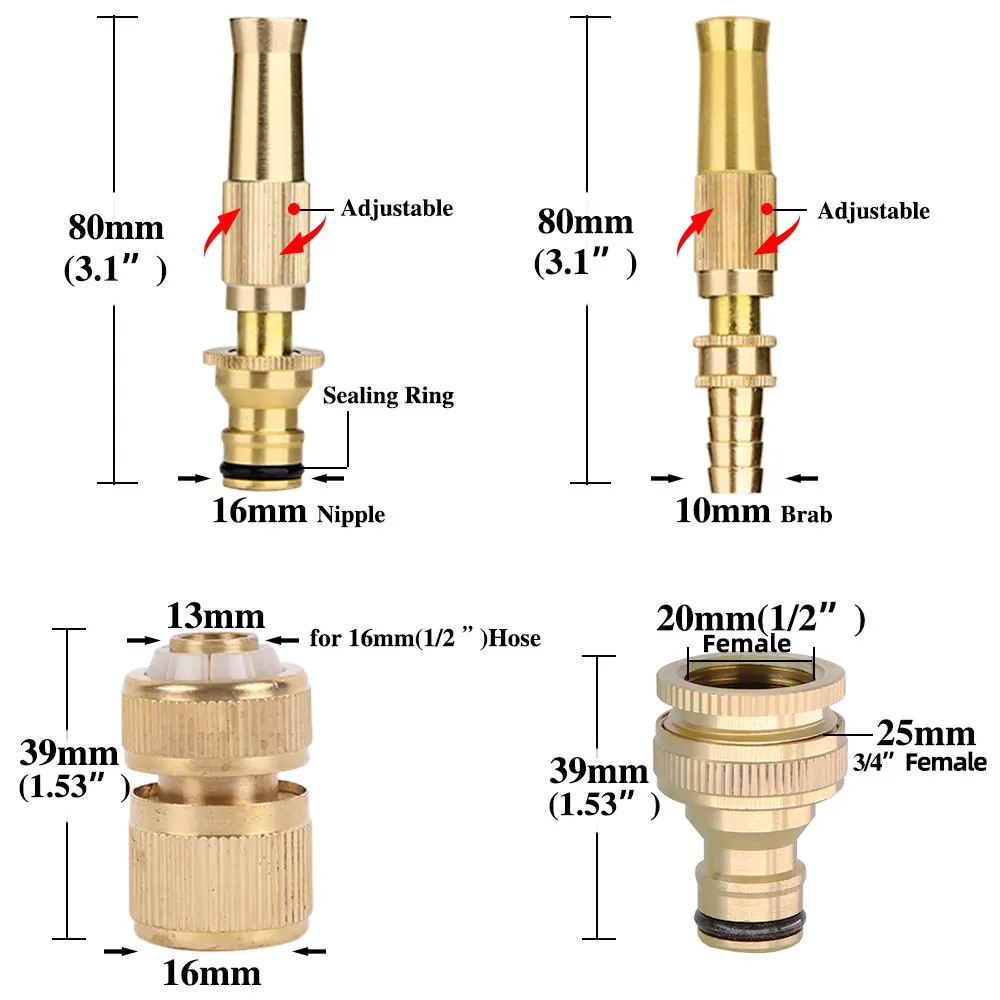 Brass High Pressure Direct Sprayer Sprinkler Car Cleaning Water Gun Kit 1/2”Quick Waterstop Connector Garden Hose Irrigation