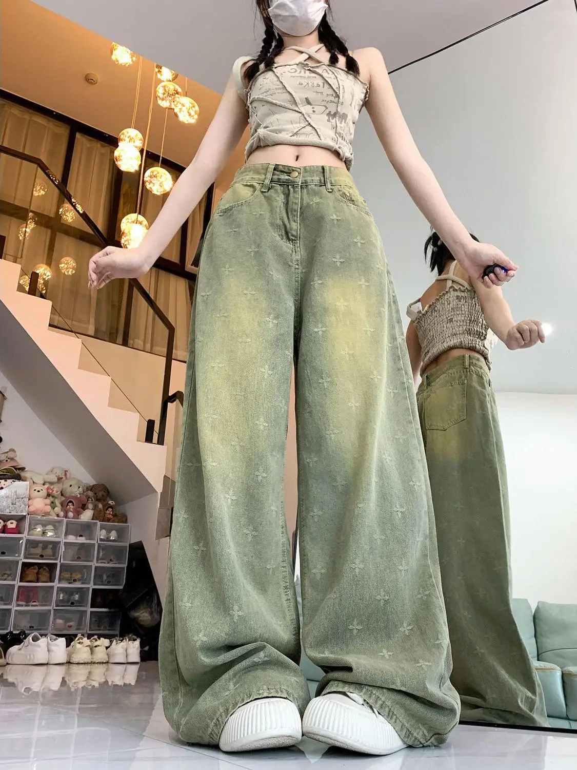 

Ретро-джинсы американского стиля с широкими штанинами, женские, больших размеров, с высокой талией, в пол, с эффектом потертости, с принтом, осенние, новые, повседневные брюки