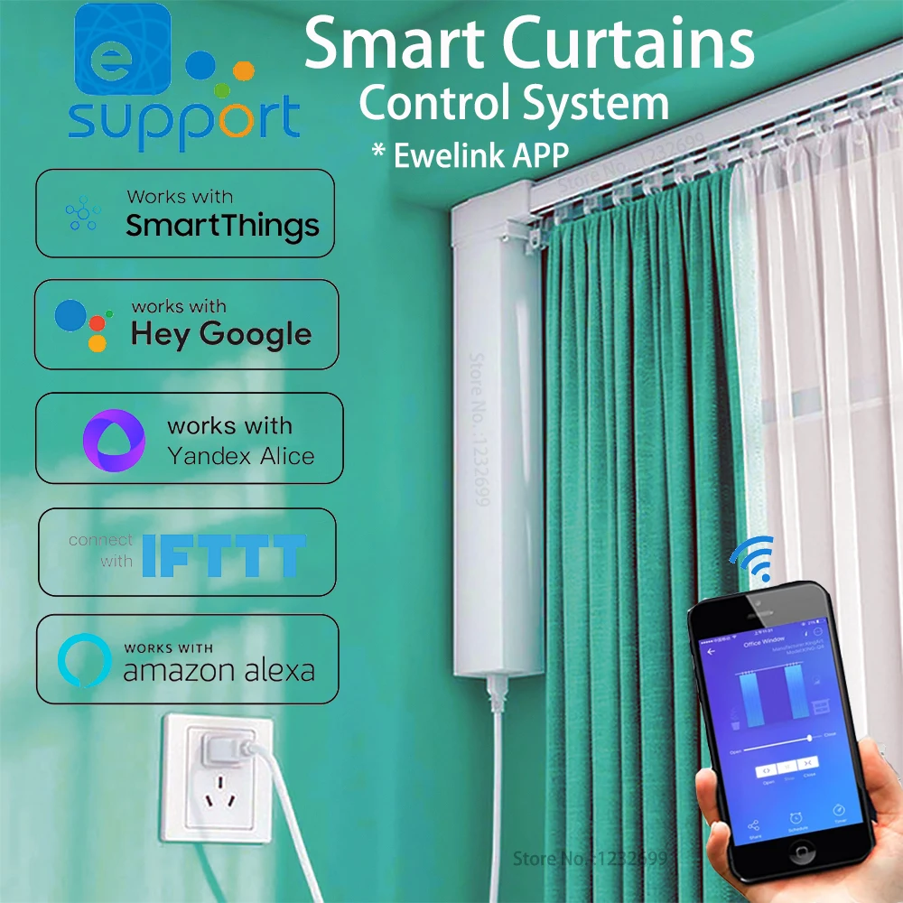 Ewelink Smart WiFi Curtain Motor with Electric Curtain Rail Track Rod Intelligent Automatic Curtains Remote Control System