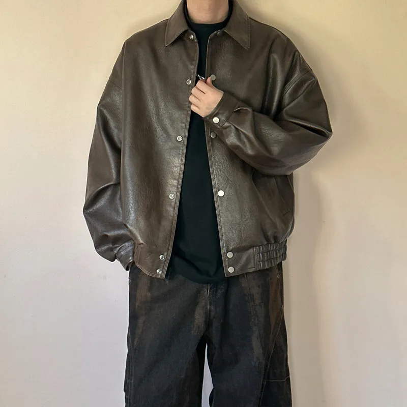 

Мужская кожаная куртка в стиле ретро, новая модель весна-осень, свободного кроя, в мотоциклетном стиле, модная, из искусственной кожи, короткая.