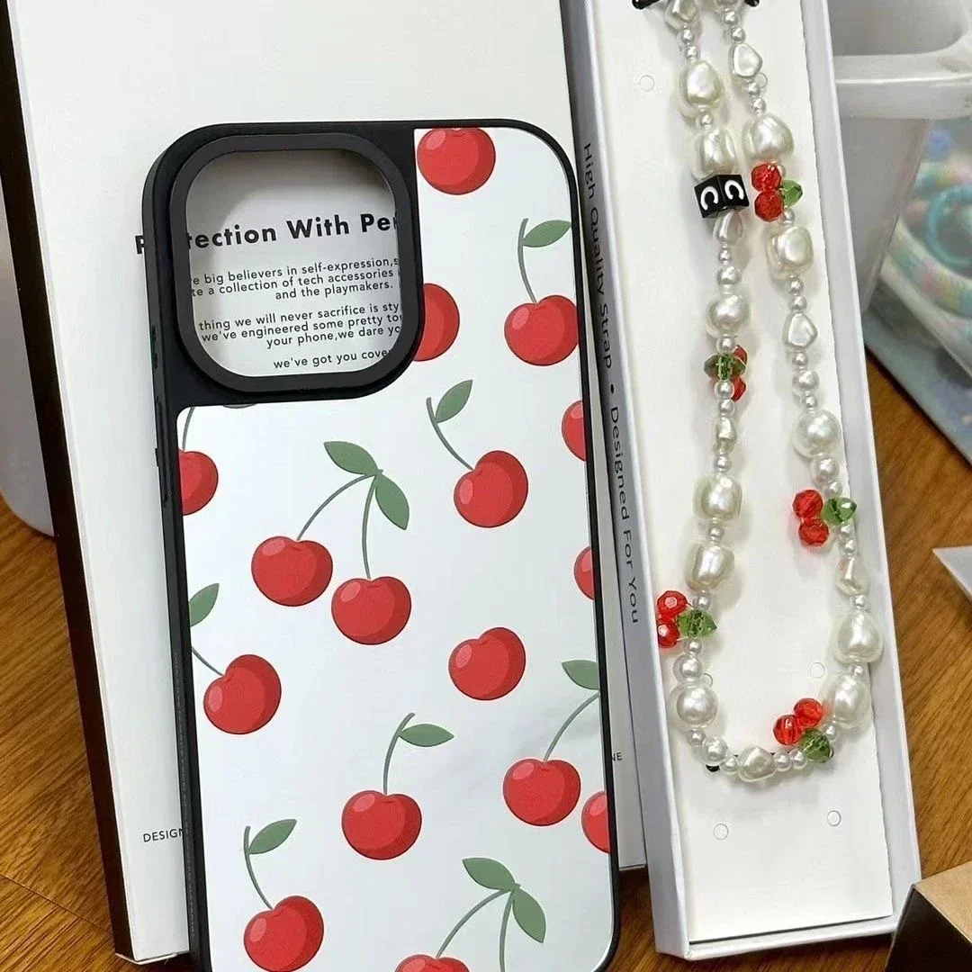 

Cherry Beads Chain Lanyard Short Bracelet Mirror Magnetic Phone Case Cover for IPhone 11 12 13 14 15 16 Pro Max Case