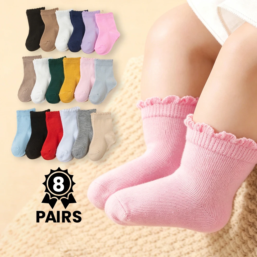 8 Pairs Baby Frilly Ruffle Socks, Multicolor Soft  Breathable Socks for Infant Toddler Girls