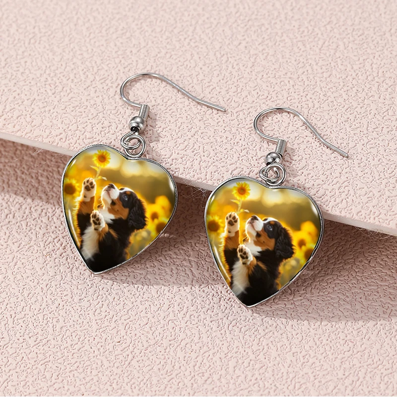 2024 New Bernese Mountain Dog Dangle Earring Heart Shaped Earrings Handmade Glass Dome Jewelry view 4