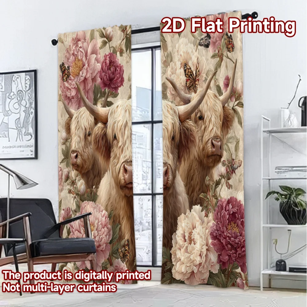 2D FLAT PRINTING 2pcs Curtains (Without Rod) Farm Animals and Flowers Print Chic Curtains Versatile Polyester Fabric Curtains