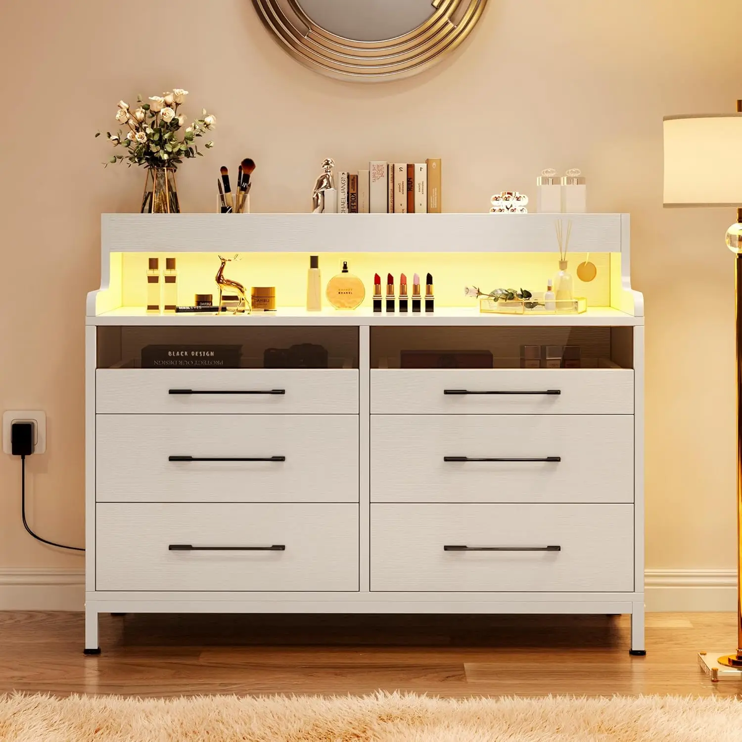 

2024 New design of 6 Drawer Dressers & Chests of Drawers with LED Light, Modern Dresser with Open Shelf Storage