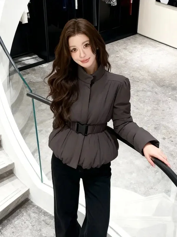 

Faionable Belted ort Cotton Jaet Women's Winter Warm Outerwear with Stand Collar And Waist-Cinching Features in Coffee ...