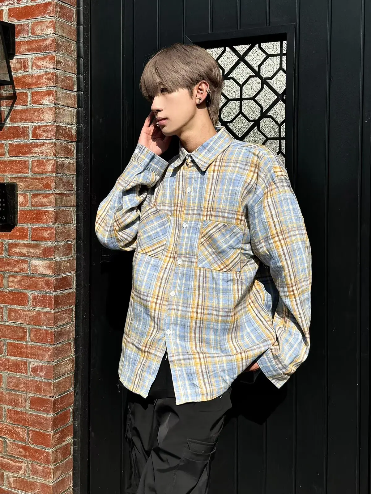

Blue And Yellow Plaid Long Sleeve Shirt Men's Casual Style American Lazy Vintage Leisure Outerwear Premium Feeling Polyester ...