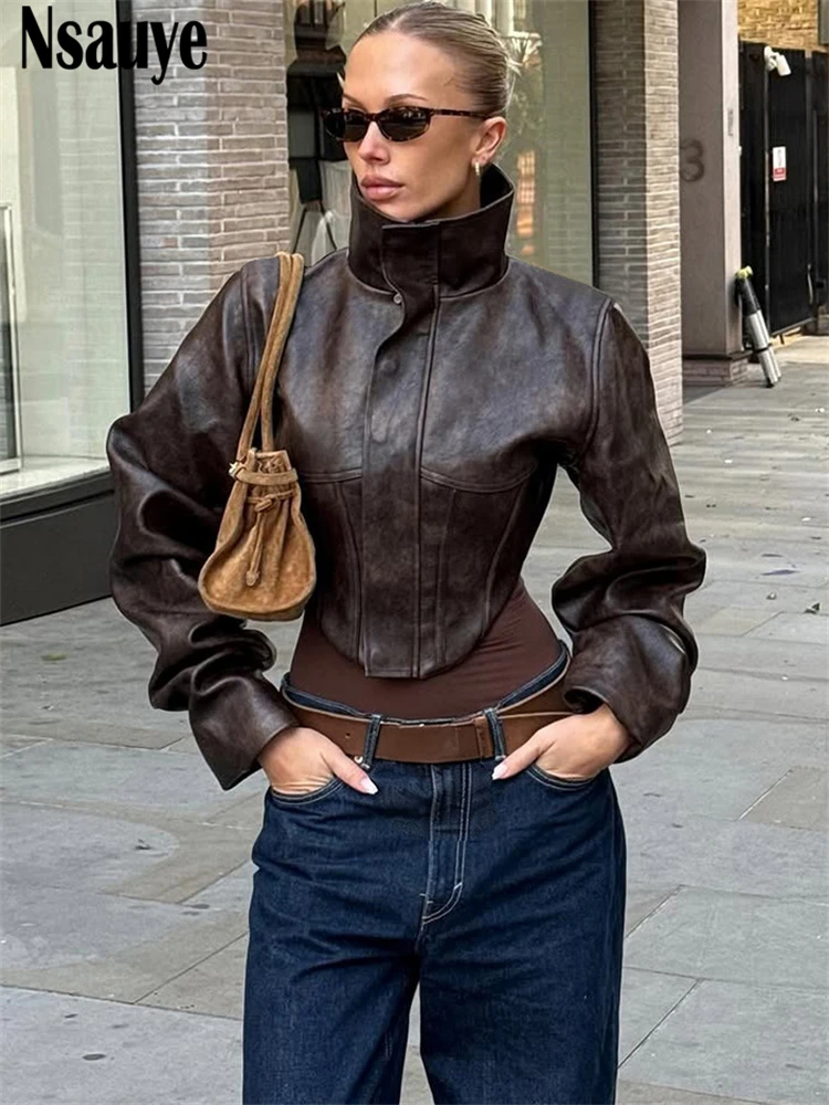 

Nsauye Women Black Vintage Slim Bomber Jackets 2025 Winter Clothes New Fashion Ladies Zipper Long Sleeve Outerwears Elegant Coat