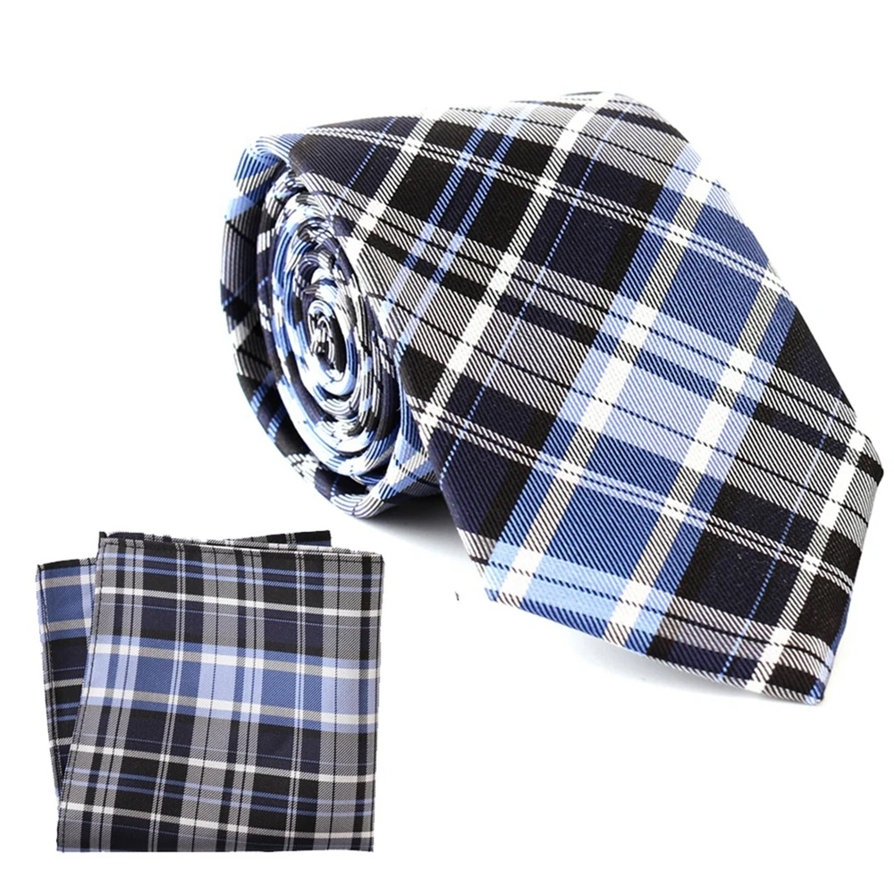 

TH-G002A Blue Plaid Silk Woven Necktie Pocket Square Set