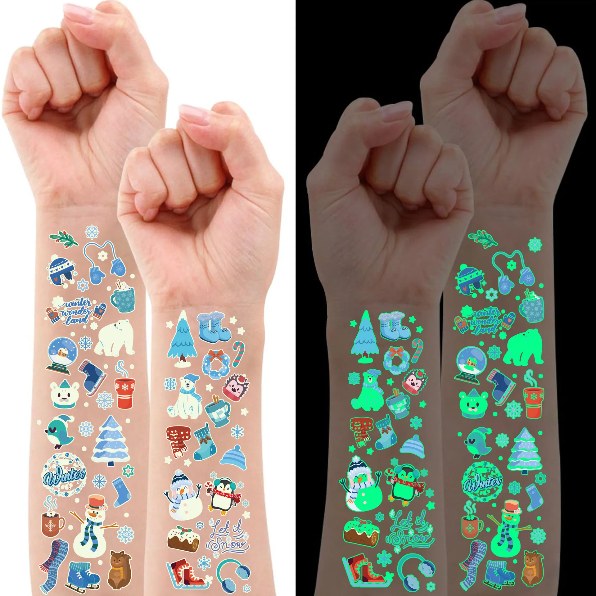 10 Sheets Glow Dark Christmas Temporary Tattoo Stickers Cartoon Santa Cute Kids Premium Party Gift Waterproof