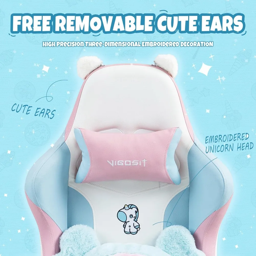كرسي ألعاب مريح باللون الوردي والأزرق على شكل وحيد القرن مع مسند للقدمين، كرسي مكتب مريح للاعبين بتصميم آذان القطط #3