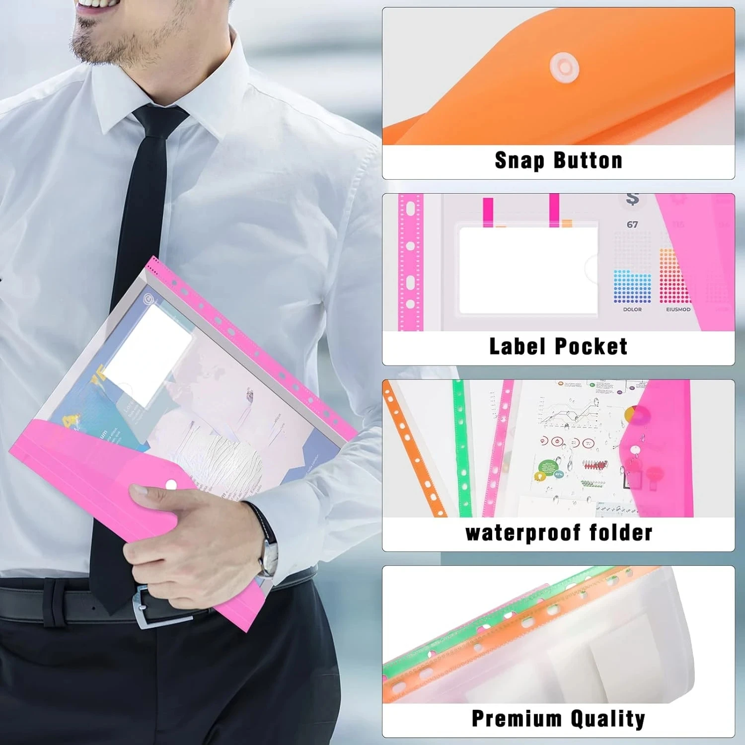 6pcs Transparent Plastic Envelopes Binder Pocket Expandable Binder Folders For 2/3/4 Ring Document Pouch With Snap Button Label