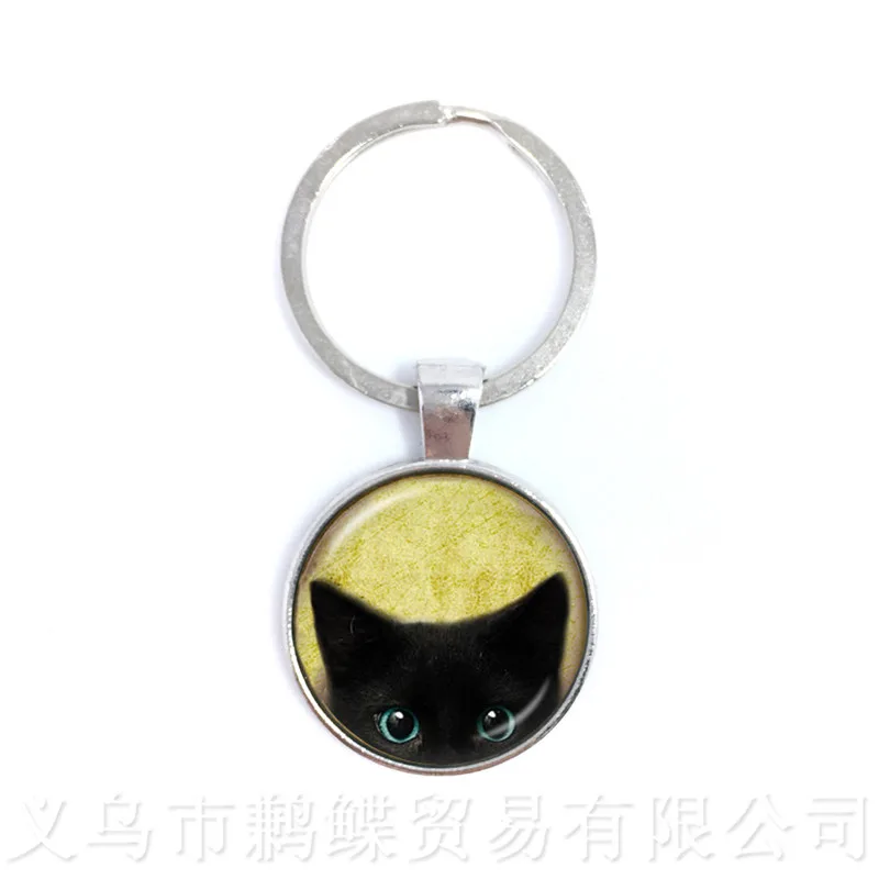 Cat And Moon Pattern Keychains 25mm Round Glass Dome Animal Picture Series Keyring Cat Lover Creative Gift Handmade Pendant