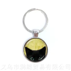 Cat And Moon Pattern Keychains 25mm Round Glass Dome Animal Picture Series Keyring Cat Lover Creative Gift Handmade Pendant