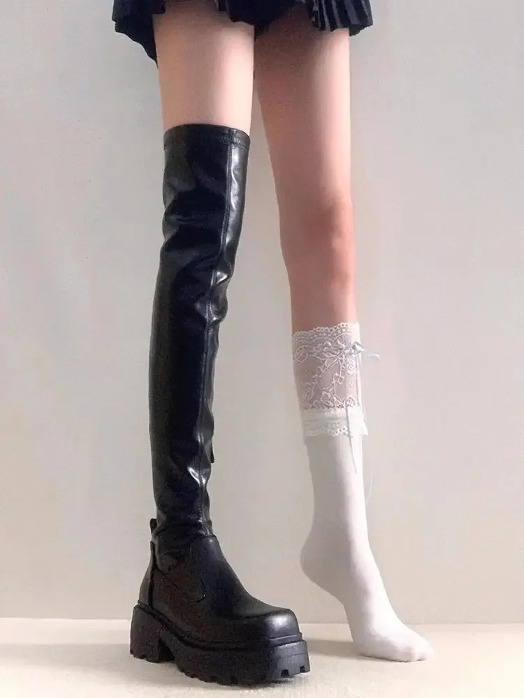 

Gothic Square Toe Black Platform Over The Knee Boots for Women Spring Autumn Stretchy Slimming Leg Lengthening High Boots