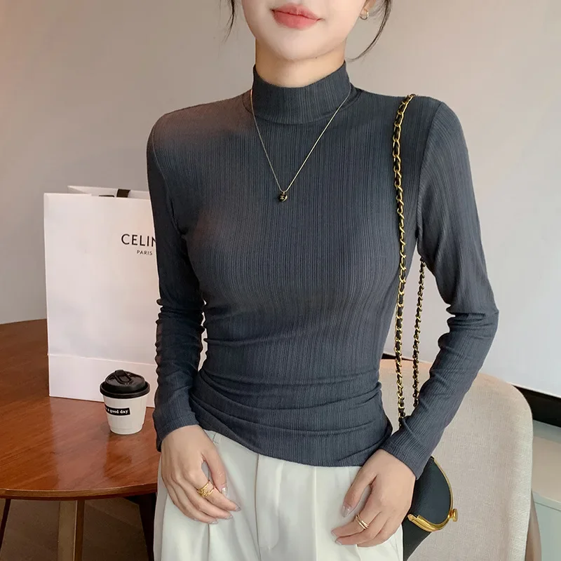 

Slim Fit High Stretch Striped Pullover Mock Neck Office Lady Commute Tops Sweater Women Blusa De Frio Feminina Cheap Wholesale