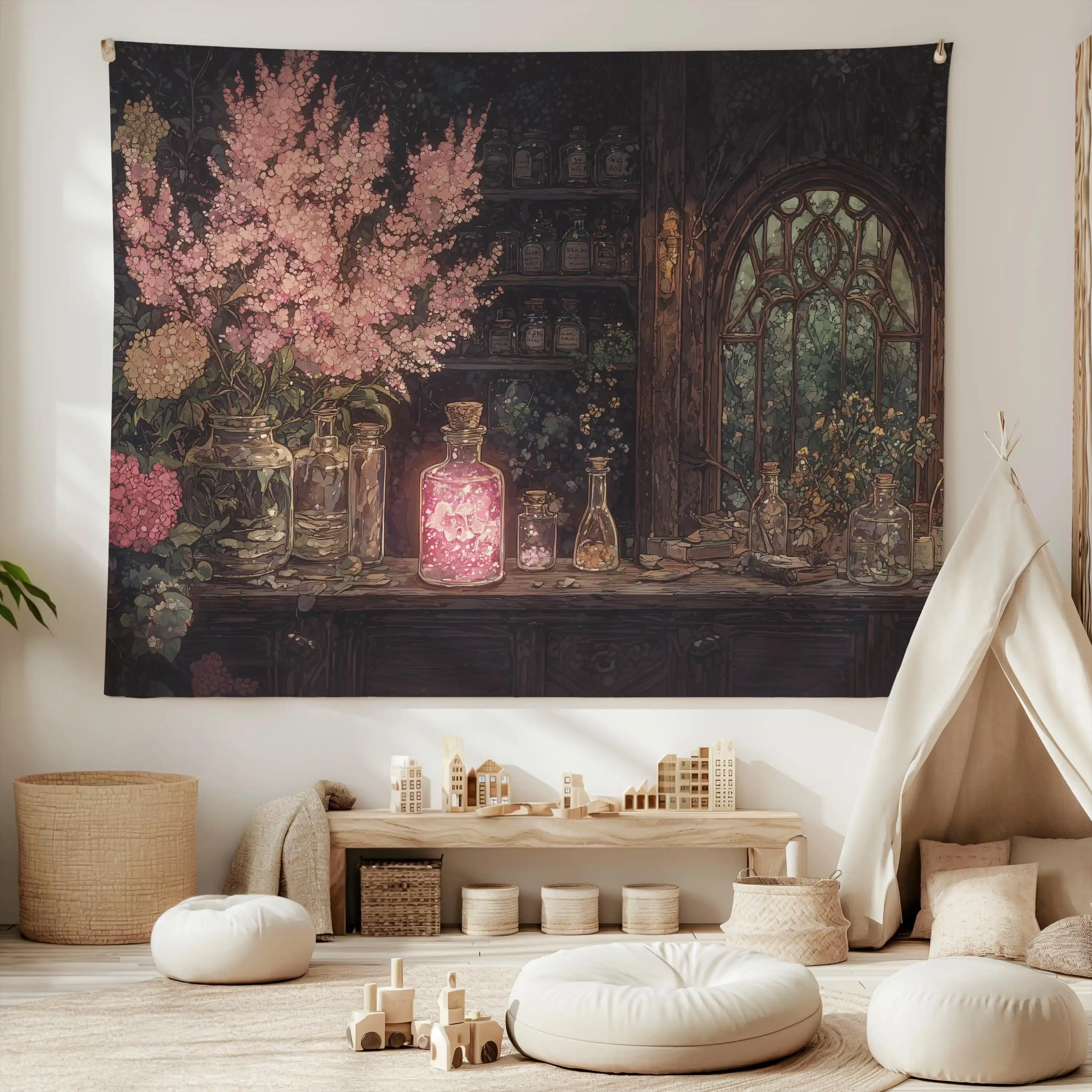 VIKAMA Dark Retro Magic Vase Tapestry Witch Flower Room Background Cloth Dark Academy Style Decoration Room Decoration