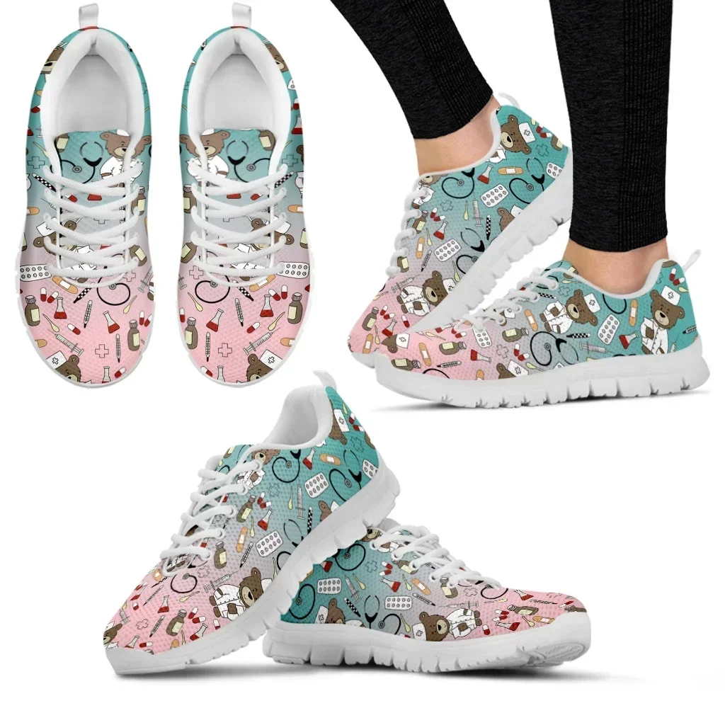 Women's Casual Sneakers Cute Medical Bear Print Flats Woman Cute Gradient Nursing Footwear Females Spring Loafers