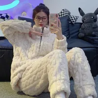 Plus Size Coral Fleece Sleepwear Set Women's Winter Thickened Warm Zipper Home Clothes Winter Style Comfortable Underwear