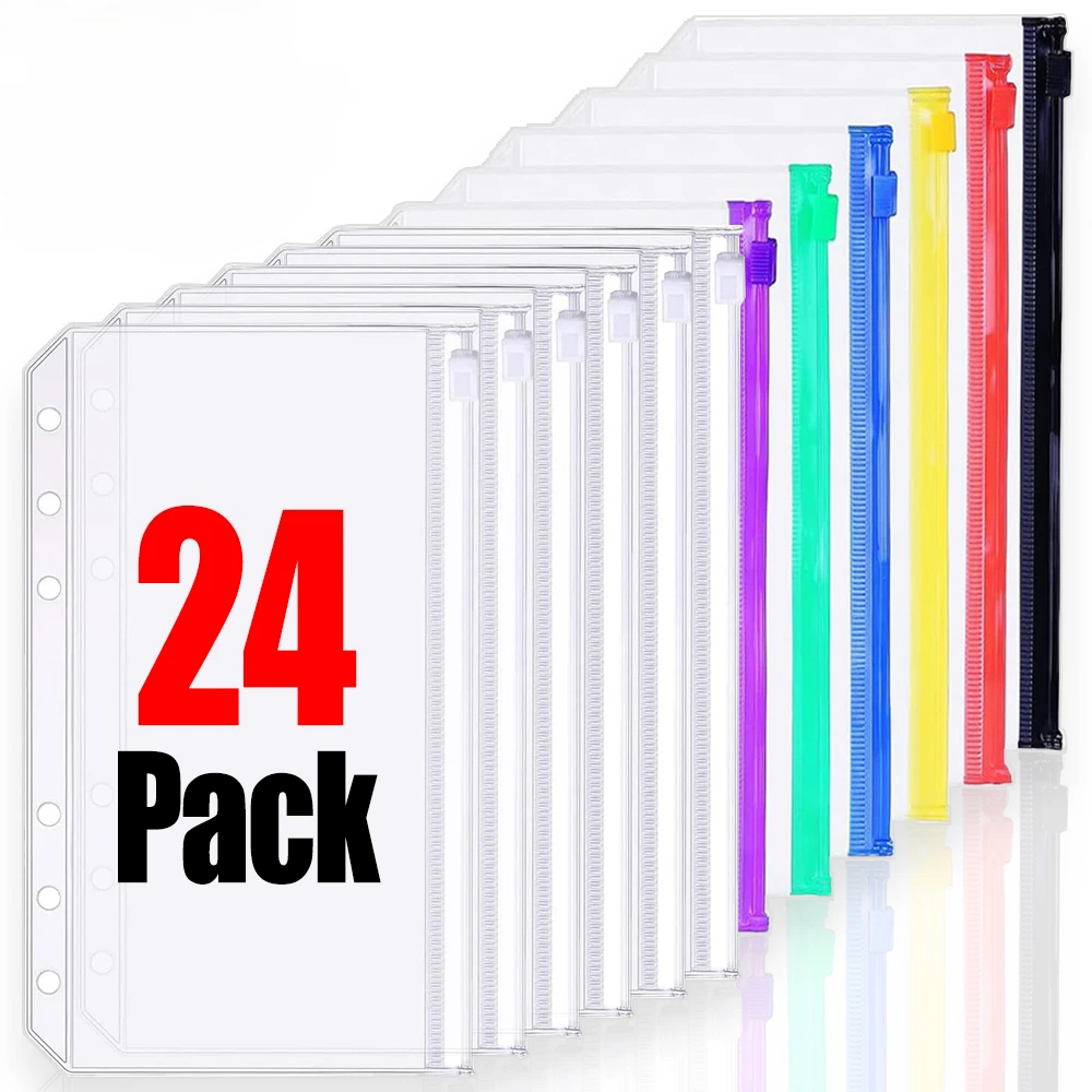 

2-24Pcs Clear A6 6-Hole Binder Pockets Waterproof PVC Organizer Cash Budget Envelopes Zipper Binder Pouches for Notebook Planner