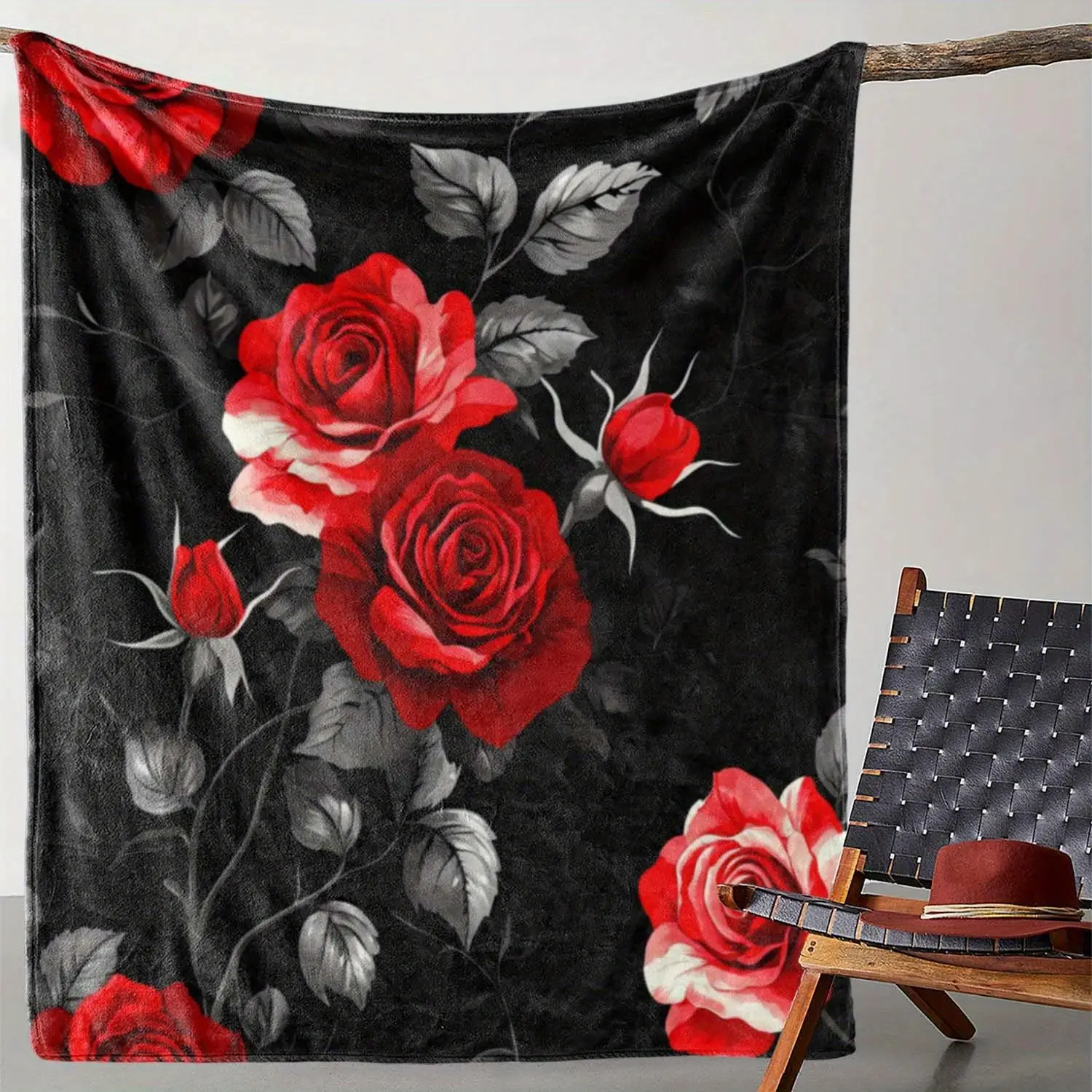 Luxury Red Rose Floral Blanket Throw Plush Decorative Winter Cozy Home Accent Couch Bedding Gift for Couple