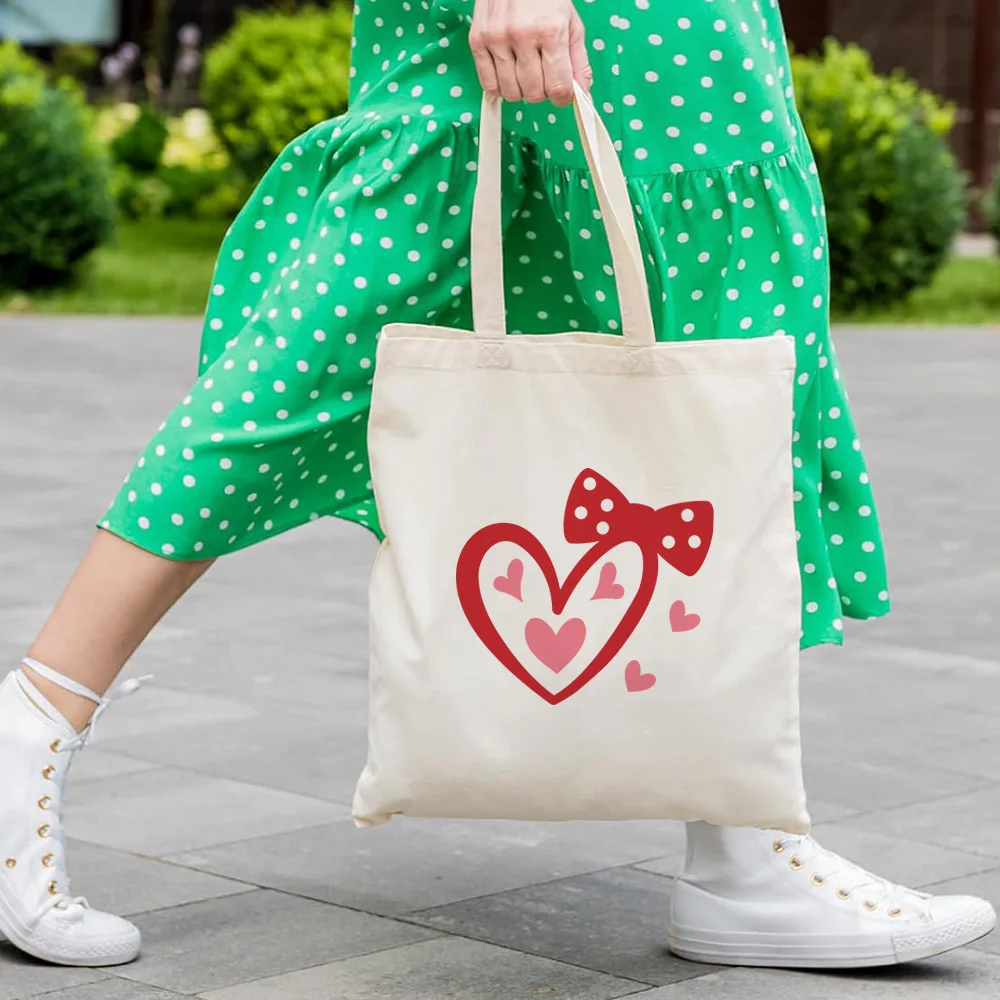 

Two-Tone Valentine Love Heart Tote Bag - Black/White Canvas Reusable Shopping Bag, Multipurpose Hand Carry Organizer