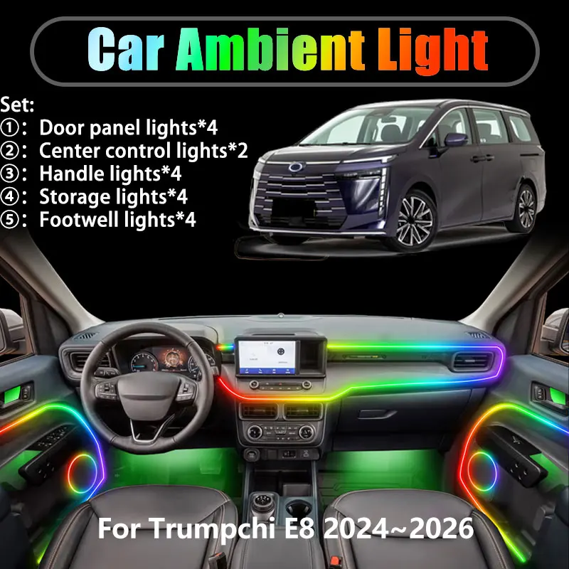 ل Trumpchi E8 2024 ~ 2026 2025 GAC 2/18 في 1 إضاءة محيطة للسيارة Led أضواء LED داخلية لصندوق السيارة USB RGB فرقة غاسل السيارات