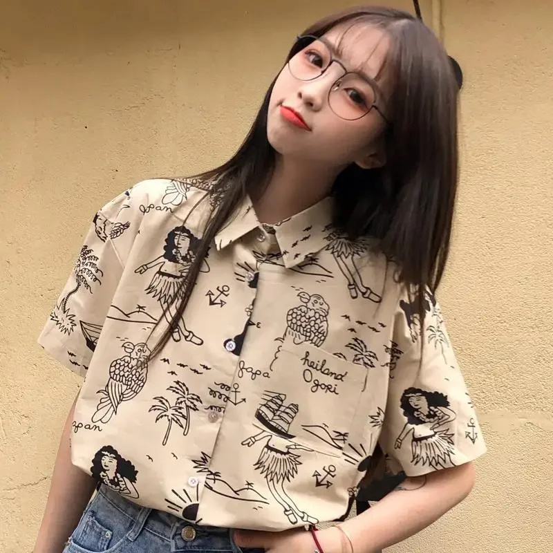 Blouse Women Shirts Turn-down Collar Short Sleeve Printed Retro Single-breasted Loose Harajuku Students Streetwear BF Casual New